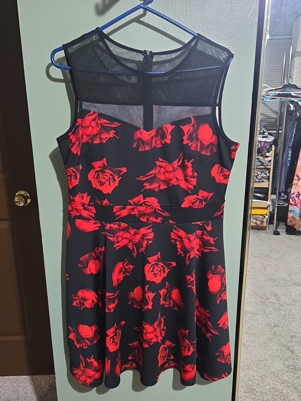 Sleeveless Black Dress with Red Floral Print